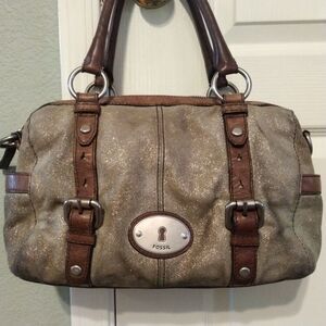 FOSSIL MADDOX GRAY GLITTER PATTERN LEATHER SATCHEL SHOULDER CROSSBODY HANDBAG